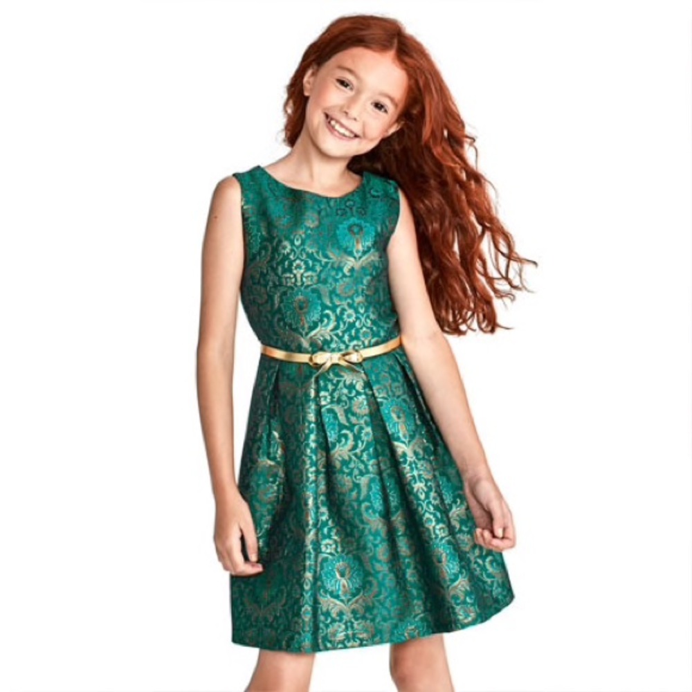 Girl's green jacquard belted dress - size 8